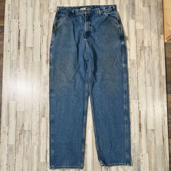 Vintage 90s Carhartt Thrashed Blue Denim Carpenter Canva Cargos Mens Sz 36 x 36 - Picture 6 of 6